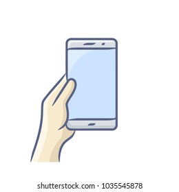 Hand holding smartphone vector illustration. Touch screen gesture icon for smartphone. Vector icon for a mobile app user interface or manual.