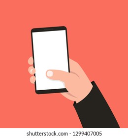 Hand holding smartphone. Vector illustration.
