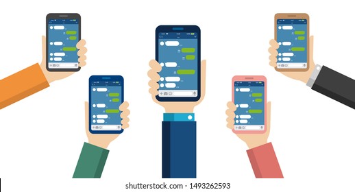 
Hand holding smartphone vector illustration set /Chat app (SNS/message app) 