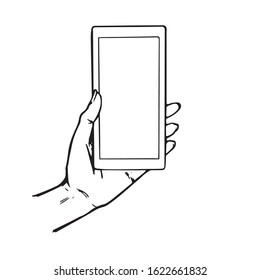 Hand holding smartphone vector illustration. 