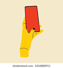 Hand holding smartphone. Vector illustration in flat style
