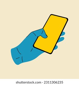 Hand holding smartphone. Vector illustration in flat style