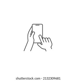 Hand holding smartphone. Vector outline icon template