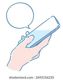 Uma mão segurando um smartphone. Ilustração de esboço vetorial.