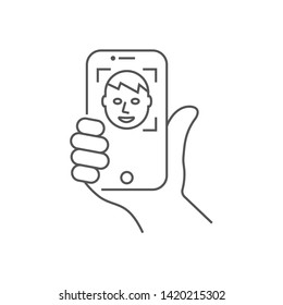 Hand holding a smartphone, vertical position. Self-portrait picture or face recognition. Vector illustration. Editable Stroke. EPS 10
