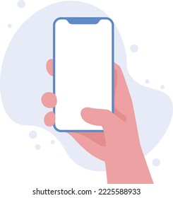 Hand holding smartphone vertically with blank screen vector illustration. Phone with empty screen, phone mockup, app interface design elements