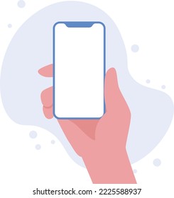 Hand holding smartphone vertically with blank screen vector illustration. Phone with empty screen, phone mockup, app interface design elements