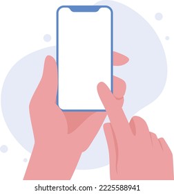Hand holding smartphone vertically with blank screen vector illustration. Phone with empty screen, phone mockup, app interface design elements