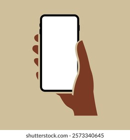 Hand holding smartphone vertically with blank screen vector illustration. Phone with empty screen, phone mockup.