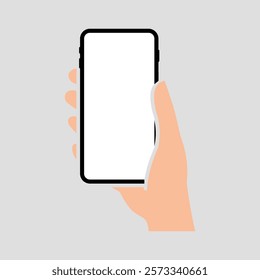 Hand holding smartphone vertically with blank screen vector illustration. Phone with empty screen, phone mockup.