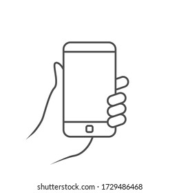 Mano sosteniendo un smartphone verticalmente sobre fondo blanco de ilustraciones vectoriales monocromáticas