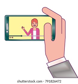hand holding smartphone with video blogger on screen