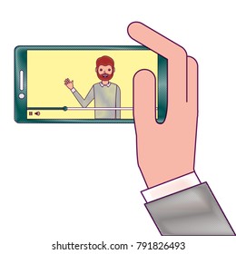 hand holding smartphone with video blogger on screen hand holding smartphone with video blogger on screen