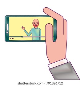hand holding smartphone with video blogger on screen