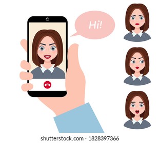 hand holding a smartphone with a video call from a girl, woman, friend. vector flat illustration. different female emotions.