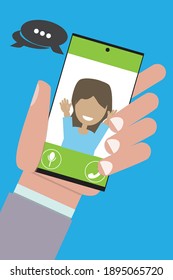 Hand holding smartphone with video call illustration vector flat design