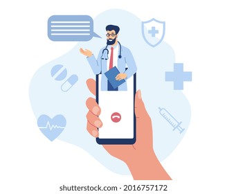 Hand Holding Smartphone With Video Call On Screen. Patient At Doctors Virtual Or Online Appointment. Modern Health Care Digital Services And Telemedicine Concept. Flat Cartoon Vector Illustration