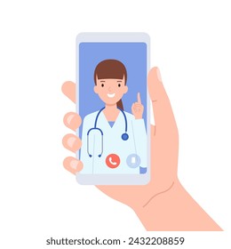 Hand Holding smartphone with video call on screen. Online consultation with a doctor. Modern health care services and telemedicine concept