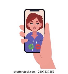 Hand holding smartphone with video call on isolated background. Flat vector illustration