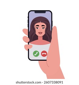 Hand holding smartphone with video call on isolated background. Flat vector illustration