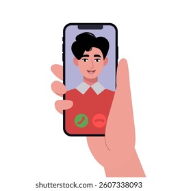 Hand holding smartphone with video call on isolated background. Flat vector illustration