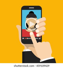 Hand holding smartphone with video online training on the screen. Vector flat illustration.