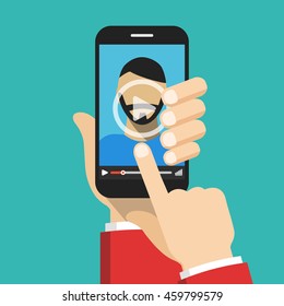 Hand holding smartphone with video online training on the screen. Vector flat illustration.