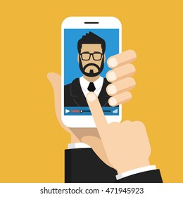 Hand holding smartphone with video online training on the screen. Vector flat illustration.