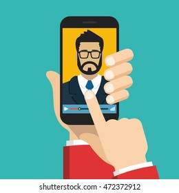 Hand holding smartphone with video online training on the screen. Vector flat illustration.