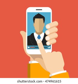 Hand holding smartphone with video online training on the screen. Vector flat illustration.