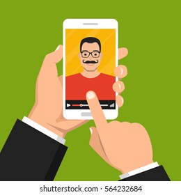 Hand holding smartphone with video online training on the screen. Vector flat illustration.