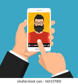 Hand holding smartphone with video online training on the screen. Vector flat illustration.