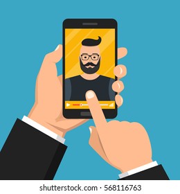 Hand holding smartphone with video online training on the screen. Vector flat illustration.