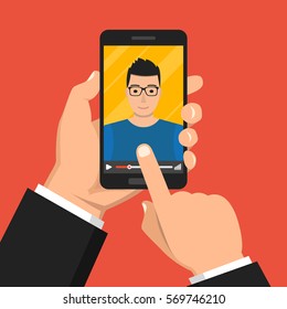 Hand holding smartphone with video online training on the screen. Vector flat illustration.