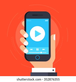 Hand holding smartphone with video player on the screen. Play video on mobile phone. Streaming on cellphone concept. Film, movie, podcast, tv, cinema watching on smartphone. Vector illustration