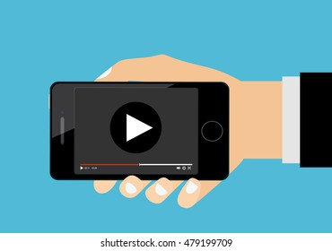 Hand Holding Smartphone With Video Player On The Screen. Movie App Concept. Vector Flat Illustration.