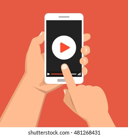 Hand holding smartphone with video player on the screen. Movie app concept. Vector flat illustration.