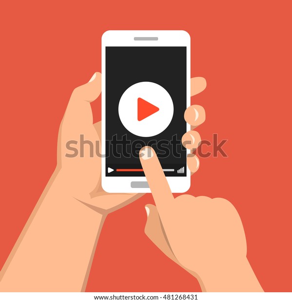 スマートフォンを持つ手とビデオプレーヤーが画面に表示されます 映画アプリのコンセプト ベクターフラットイラスト のベクター画像素材 ロイヤリティフリー