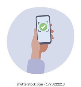 Mano sosteniendo un smartphone con verificación de realidad aumentada virtual.Ilustración vectorial de un smartphone de mano con serie de diseño plano.