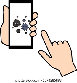 Hand holding a smartphone with a virus displayed