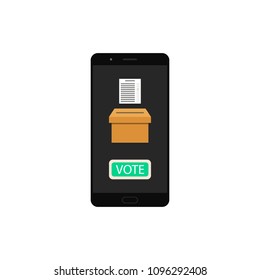 Hand holding smartphone with voting app on the screen, flat design style illustration