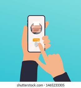 Hand holding smartphone with voting app on the screen. Communication Systems and Technologies.