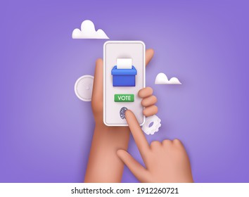 Hand holding smartphone with voting app on the screen. Communication Systems and Technologies. 3D Vector Illustrations.