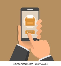 Mano con smartphone con aplicación de votación en pantalla, ilustración de diseño plano