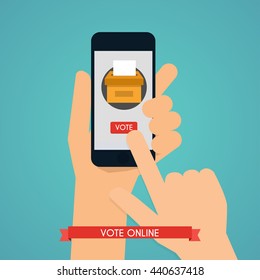 Hand holding smartphone with voting app on the screen. Communication Systems and Technologies.