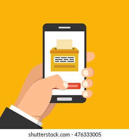 Hand holding smartphone with voting app on the screen. Flat vector illustration.