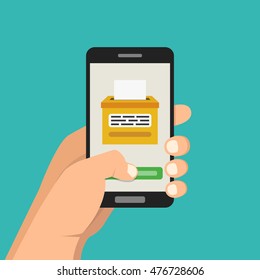 Hand holding smartphone with voting app on the screen. Flat vector illustration.