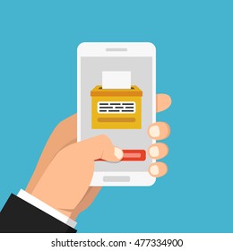 Hand holding smartphone with voting app on the screen. Flat vector illustration.