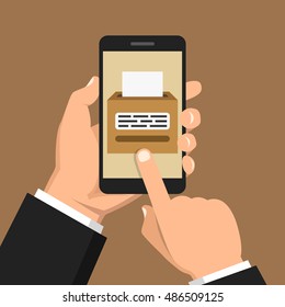 Hand holding smartphone with voting app on the screen. Flat vector illustration.