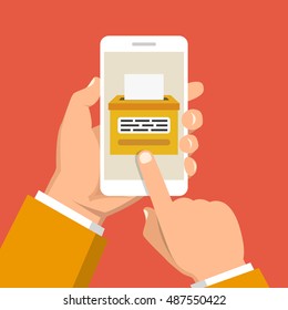 Hand holding smartphone with voting app on the screen. Flat vector illustration.